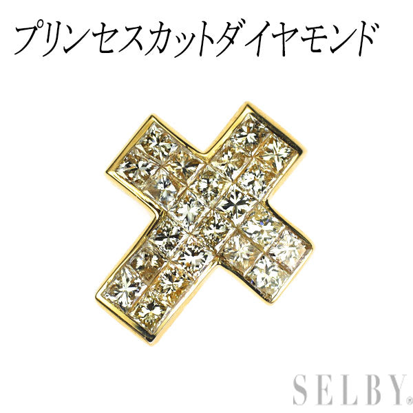 K18YG プリンセスカット ダイヤモンド ペンダントトップ クロス ミステリーセッティング