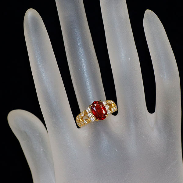 K18YG GIA産地鑑別書付 ビルマ/ミャンマー産非加熱 レッドスピネル ダイヤモンド リング 1.82ct D0.52ct