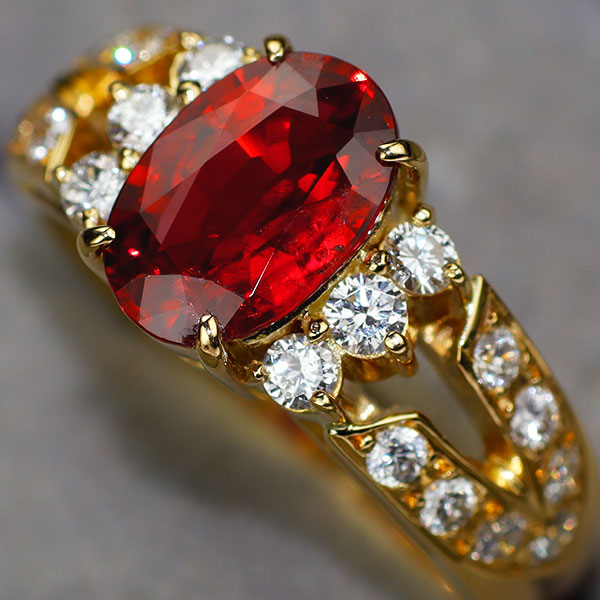K18YG GIA産地鑑別書付 ビルマ/ミャンマー産非加熱 レッドスピネル ダイヤモンド リング 1.82ct D0.52ct