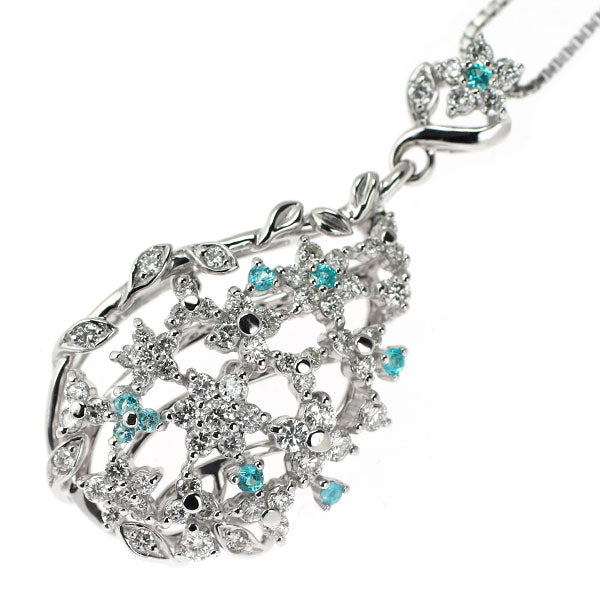 K18WG パライバトルマリン ダイヤモンド ペンダントネックレス 0.16ct D1.17ct フラワー