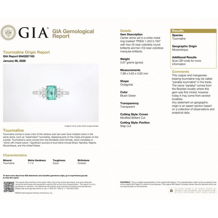 GIA/CGL鑑別2冊付 Pt900 モザンビーク産パライバトルマリン ダイヤモンド リング 1.453ct D0.194ct