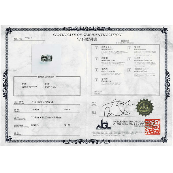 Pt900 クリソベリル ダイヤモンド リング 3.899ct D0.427ct