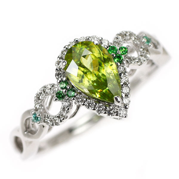 K18WG スフェーン グリーンガーネット パライバトルマリン ダイヤ リング 0.80ct D0.16ct