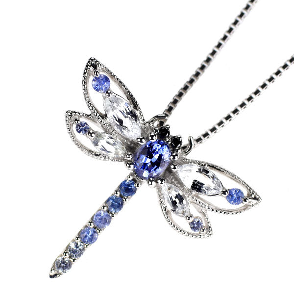 K18WG サファイア ブラックダイヤモンド ペンダントネックレス 0.75ct BD0.01ct トンボ 昆虫