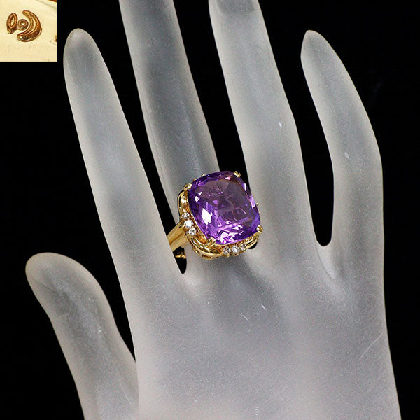 田崎真珠 K18YG アメジスト ダイヤモンド リング 12.42ct D0.31ct 鹿 インタリオ