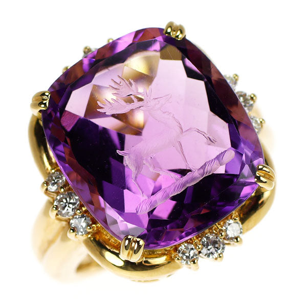 田崎真珠 K18YG アメジスト ダイヤモンド リング 12.42ct D0.31ct 鹿 インタリオ