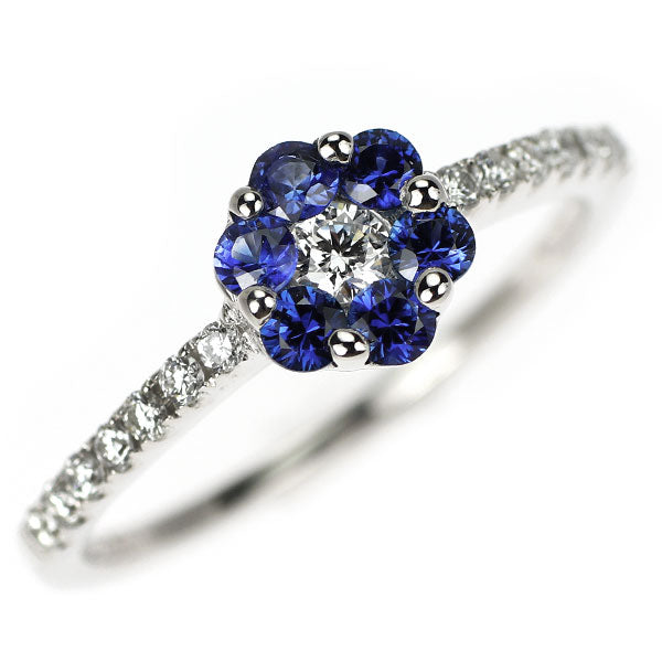 K18WG サファイア ダイヤモンド リング 0.35ct D0.24ct フラワー