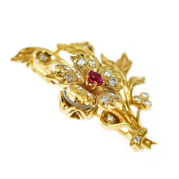 碌山 K18YG ルビー ダイヤモンド ブローチ 0.20ct D0.40ct フラワー