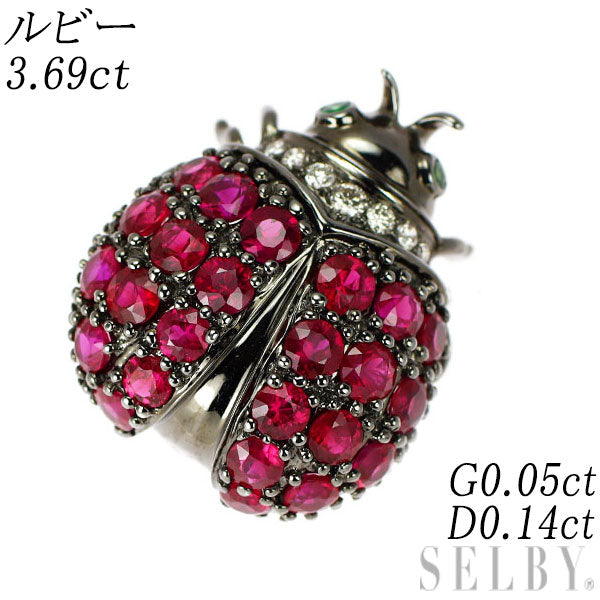 K18WG ルビー グリーンガーネット ダイヤ ブローチ兼ペンダントトップ 3.69ct G0.05ct D0.14ct てんとう虫