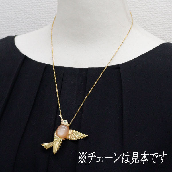 K18YG ムーンストーン エメラルド ダイヤ ブローチ兼ペンダントトップ 21.41ct E0.03ct D0.20ct 鳥