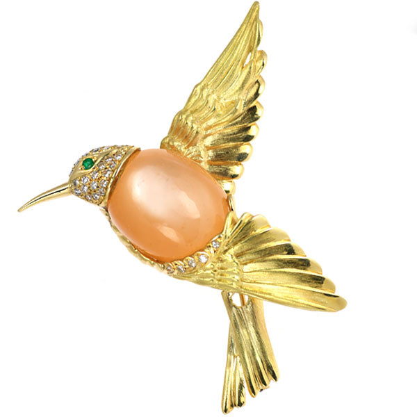 K18YG ムーンストーン エメラルド ダイヤ ブローチ兼ペンダントトップ