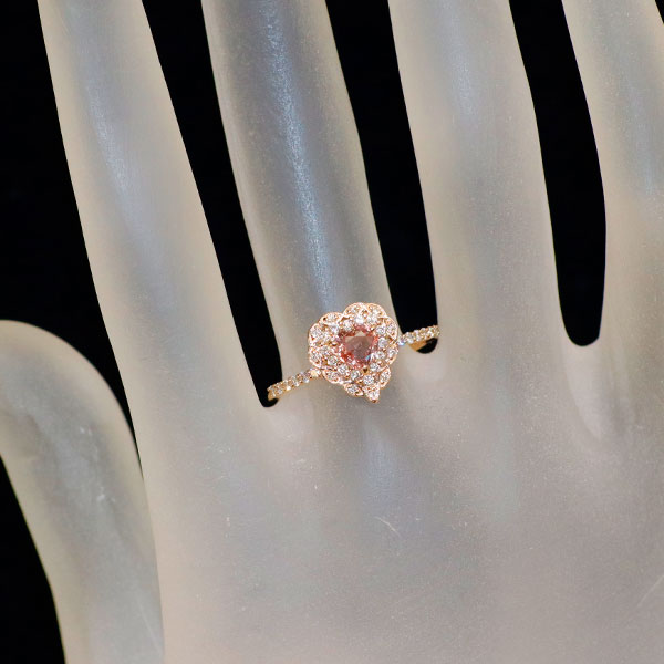 新品 K18PG ハートシェイプ 通常加熱パパラチア サファイア ダイヤモンド リング 0.432ct 0.24 【エスコレ】