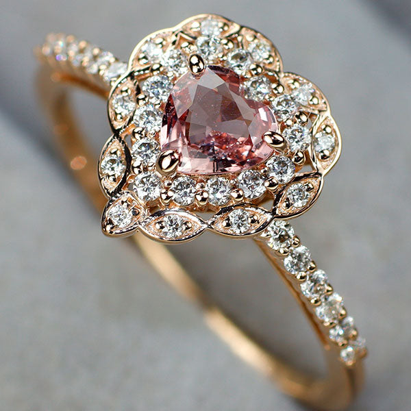 新品 K18PG ハートシェイプ パパラチア サファイア ダイヤモンド リング 0.414ct 0.24 【エスコレ】