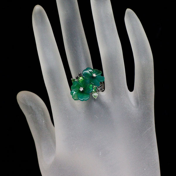 ブラックコーティング/K18WG 着色カルセドニー グリーンサファイア ダイヤモンド リング GS0.80ct D0.17ct