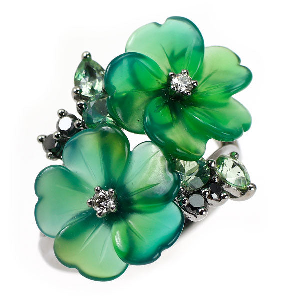 ブラックコーティング/K18WG 着色カルセドニー グリーンサファイア ダイヤモンド リング GS0.80ct D0.17ct