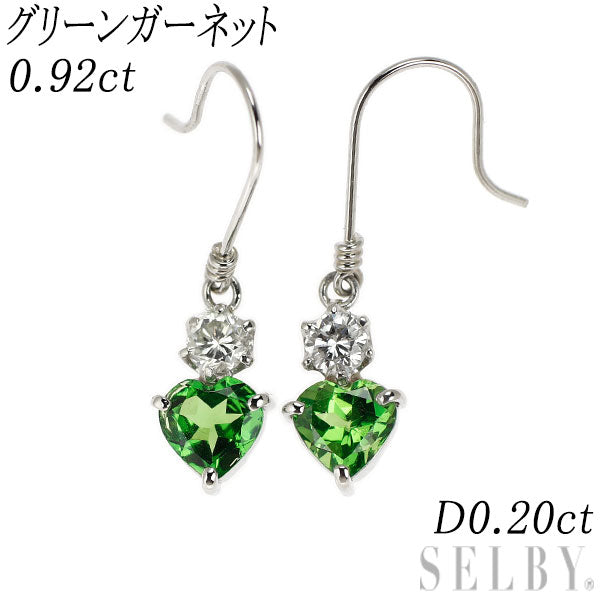 Pt900 ハートシェイプ グリーンガーネット ダイヤモンド ピアス 0.92ct D0.20ct