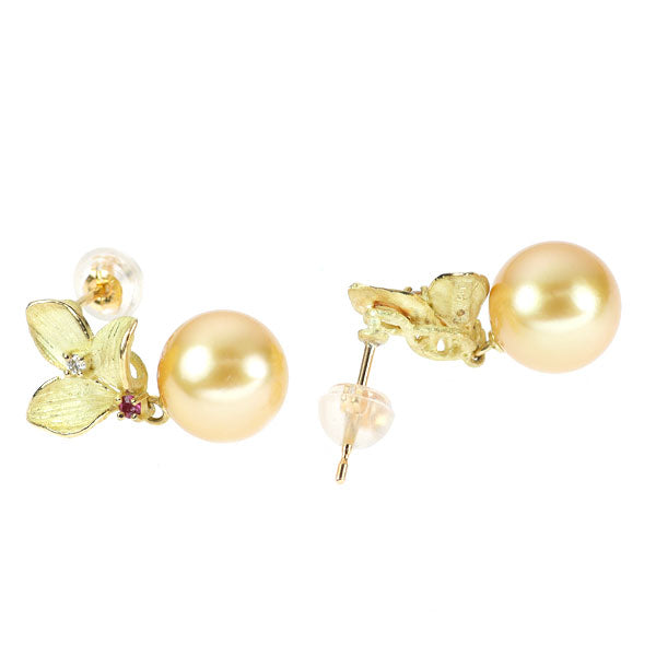 K18YG ゴールデン 真珠 ルビー ダイヤモンド ピアス 径約9.0mm R0.04ct