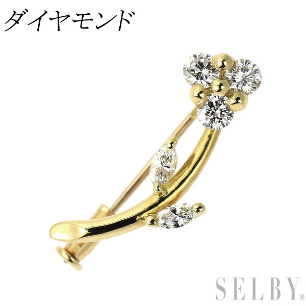 K18YG ダイヤモンド ブローチ 植物 フラワー