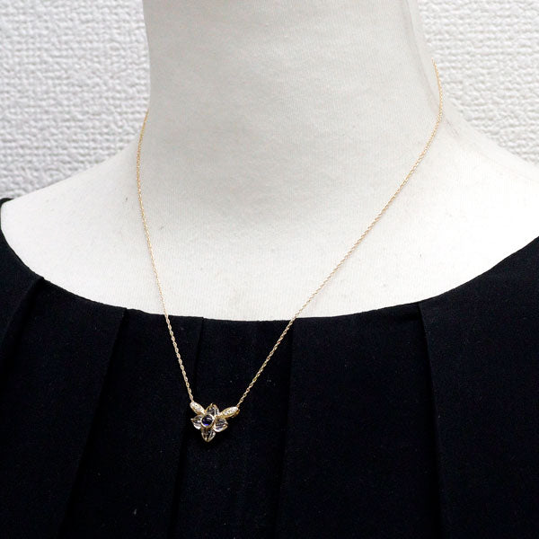 K18YG サファイア クオーツ ダイヤモンド ペンダントネックレス 0.36ct D0.04ct フラワー
