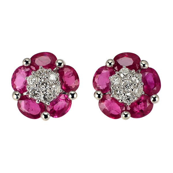 K18WG ルビー ダイヤモンド ピアス 2.00ct D0.30ct フラワー