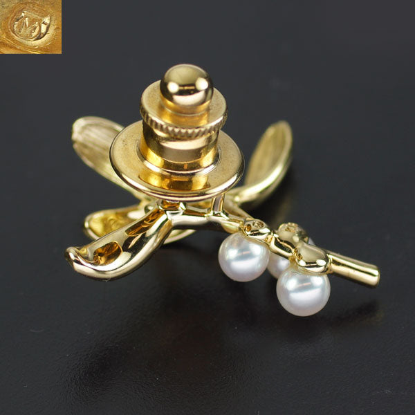 ミキモト K18YG アコヤ 真珠/パール ピンブローチ 径約3.6-3.8mm 植物