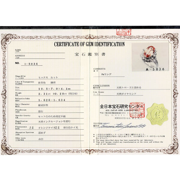 Pt900 トパーズ ダイヤモンド リング 2.31ct D0.28ct