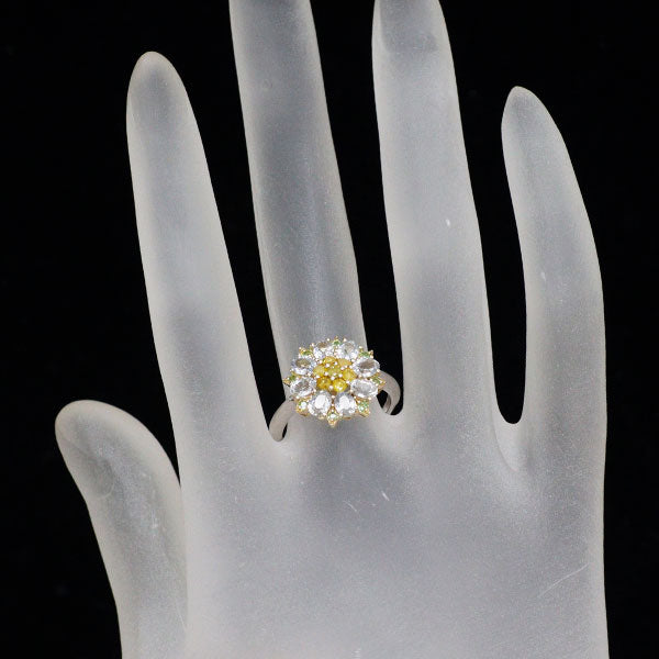 K18YG/WG トリートイエローダイヤモンド サファイア ガーネット リング 0.23ct S1.28ct G0.07ct フラワー