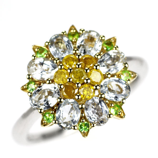 K18YG/WG トリートイエローダイヤモンド サファイア ガーネット リング 0.23ct S1.28ct G0.07ct フラワー