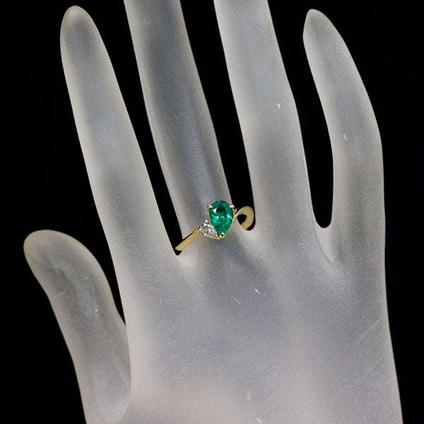 K18YG ペアシェイプ エメラルド ダイヤモンド リング 0.73ct D0.19ct