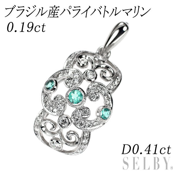 K18WG ブラジル産 パライバトルマリン ダイヤモンド ペンダントトップ 0.19ct D0.41ct アンティークレース