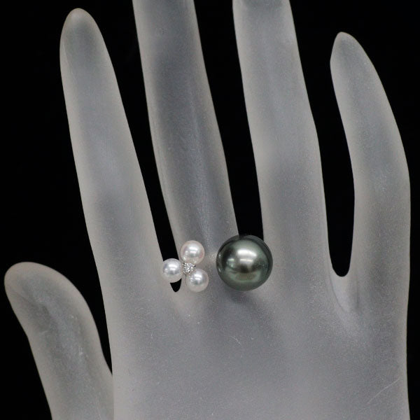 K18WG 黒蝶/アコヤ 真珠 ダイヤモンド リング 径約4.7-11.2mm D0.03ct フォーク