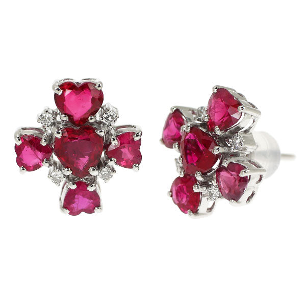K18WG ハートシェイプ ルビー ダイヤモンド ピアス 4.10ct D0.08ct