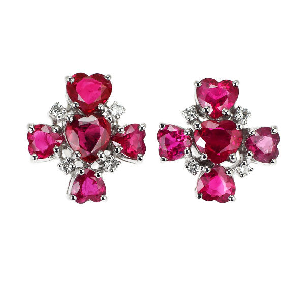 K18WG ハートシェイプ ルビー ダイヤモンド ピアス 4.10ct D0.08ct