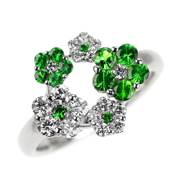 K18WG グリーン ガーネット ダイヤモンド リング 0.43ct D0.41ct フラワー