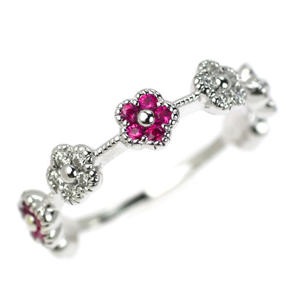 K18WG ルビー ダイヤモンド リング 0.23ct D0.25ct フラワー