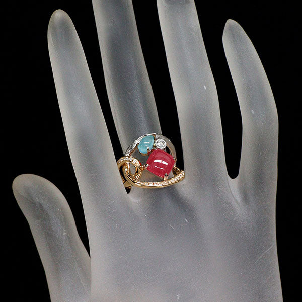 K18PG/Pt900 ロードナイト カルセドニー ダイヤモンド リング 2.73ct CH0.55ct D0.21ct