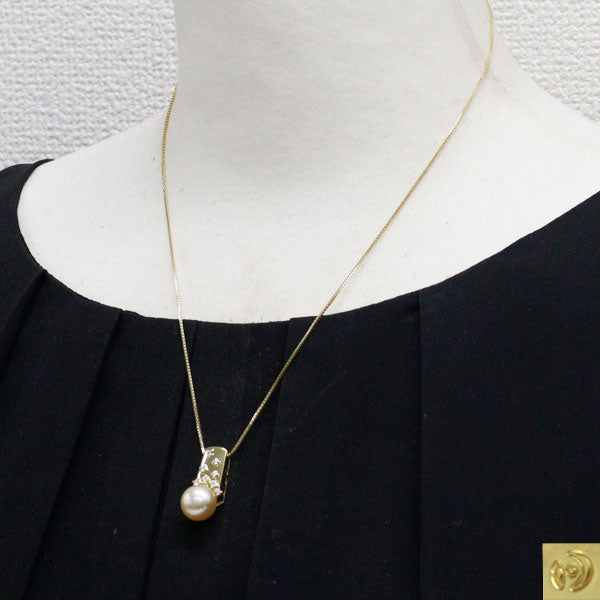 田崎真珠 K18YG 白蝶真珠 ダイヤモンド ペンダントネックレス 径約10.3mm D0.18ct