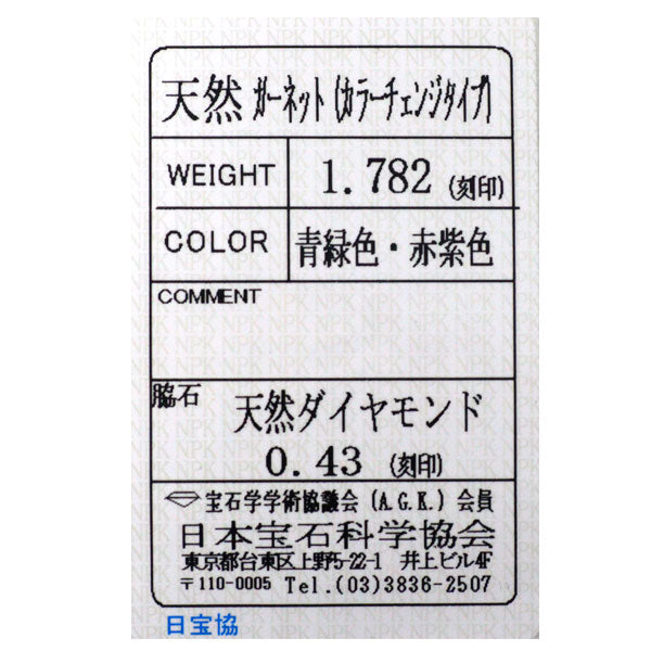 Pt900 カラーチェンジガーネット ダイヤモンド リング 1.782ct D0.43ct