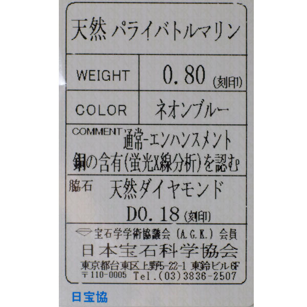 K18WG パライバトルマリン ダイヤモンド リング PT0.80ct D0.18ct