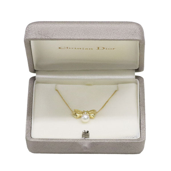 ディオール K18YG アコヤ 真珠 ダイヤモンド ペンダントネックレス 径約5.8mm D0.012ct リボン