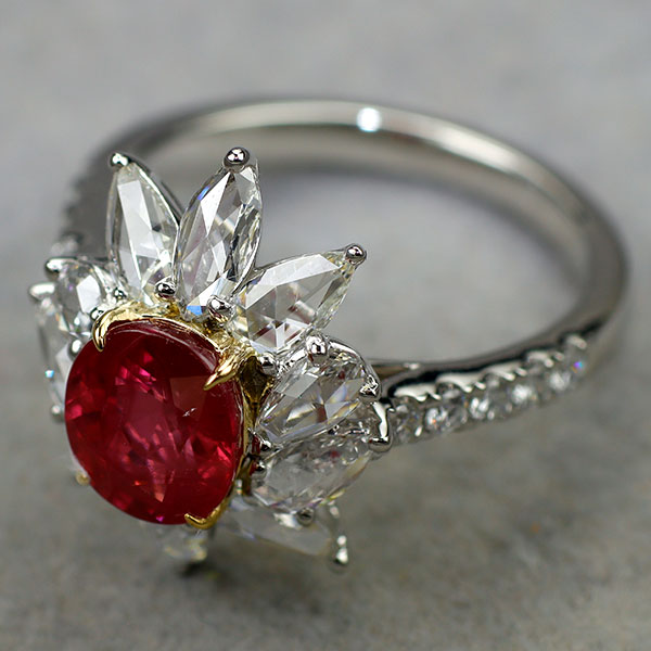 Pt950/ K18YG ビルマ/ミャンマー産ルビー ローズカット/ラウンド ダイヤモンド リング 2.023ct D1.41ct