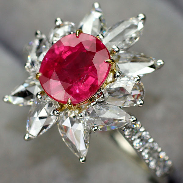 Pt950/ K18YG ビルマ/ミャンマー産ルビー ローズカット/ラウンド ダイヤモンド リング 2.023ct D1.41ct