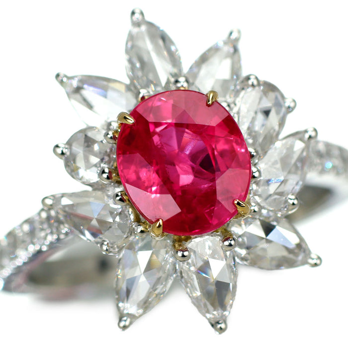 Pt950/ K18YG ビルマ/ミャンマー産ルビー ローズカット/ラウンド ダイヤモンド リング 2.023ct D1.41ct