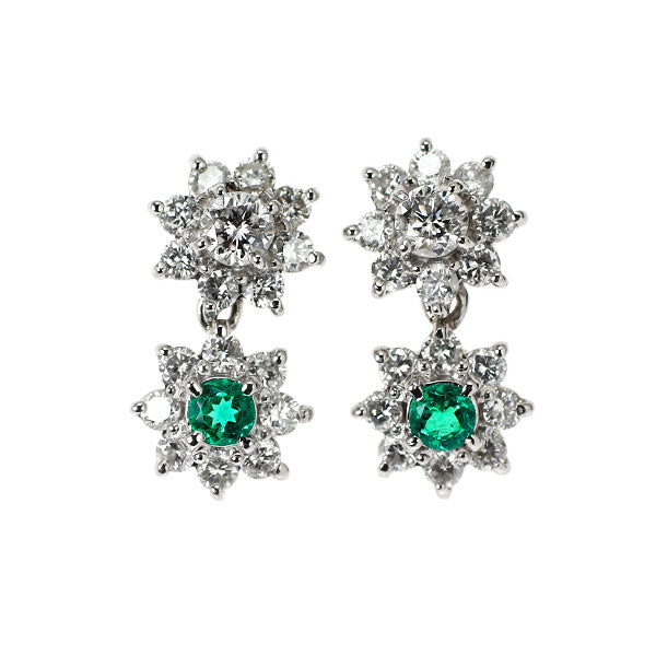 Pt900 エメラルド ダイヤモンド ピアス 0.14ct D0.80ct フラワー