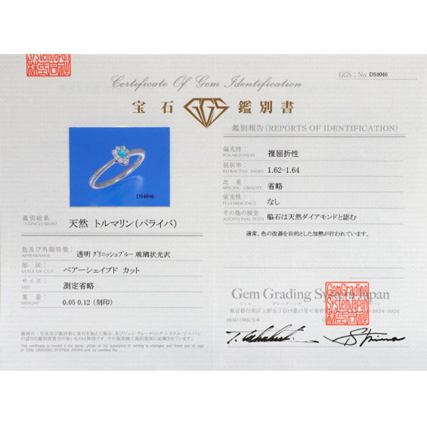 Pt950 パライバトルマリン ダイヤモンド リング 0.05ct D0.12ct