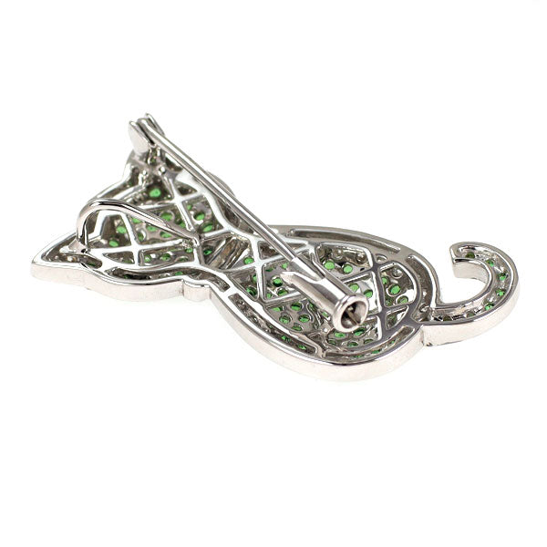 K18WG グリーンガーネット ダイヤモンド ブローチ 1.00ct D0.58ct 猫