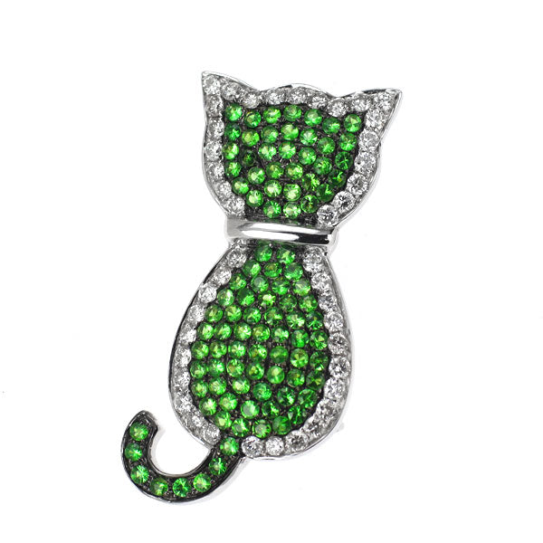 K18WG グリーンガーネット ダイヤモンド ブローチ 1.00ct D0.58ct 猫