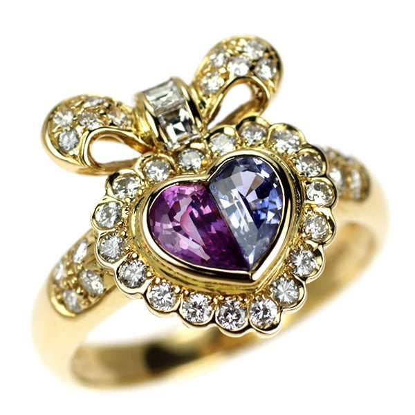 K18YG ピンク/ブルー サファイア ダイヤモンド リング 0.43ct D0.13ct ハート