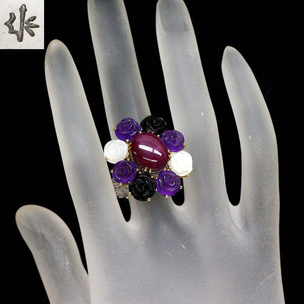 ジュエルスタジオ K18YG/WG スタールビー アメジスト/オニキス/シェル ダイヤ リング 8.03ct CS16.36ct D0.58ct フラワー