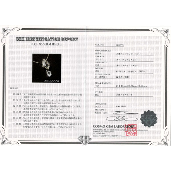 希少 Pt900/ Pt850 グランディディエライト ダイヤモンド ペンダントネックレス 0.236ct D0.03ct